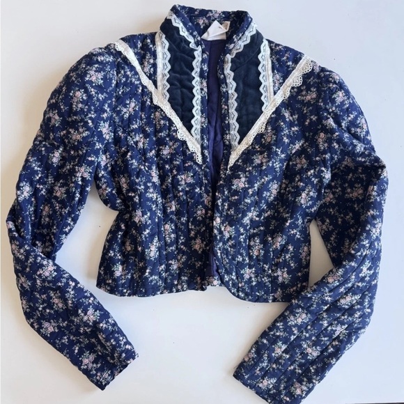 Vintage 70s Gunne Sax Prairie Boho Blue Flower Lace Quilted Jacket - Picture 6 of 12